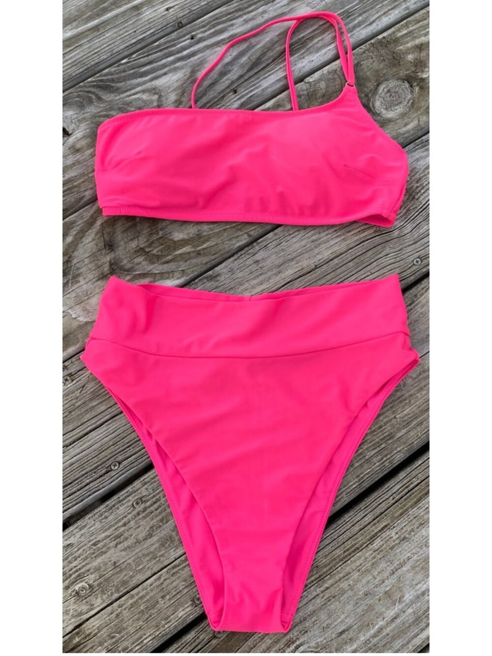 Aerie One Shoulder Bandeau High-waisted Bikini - hot pink - Size M